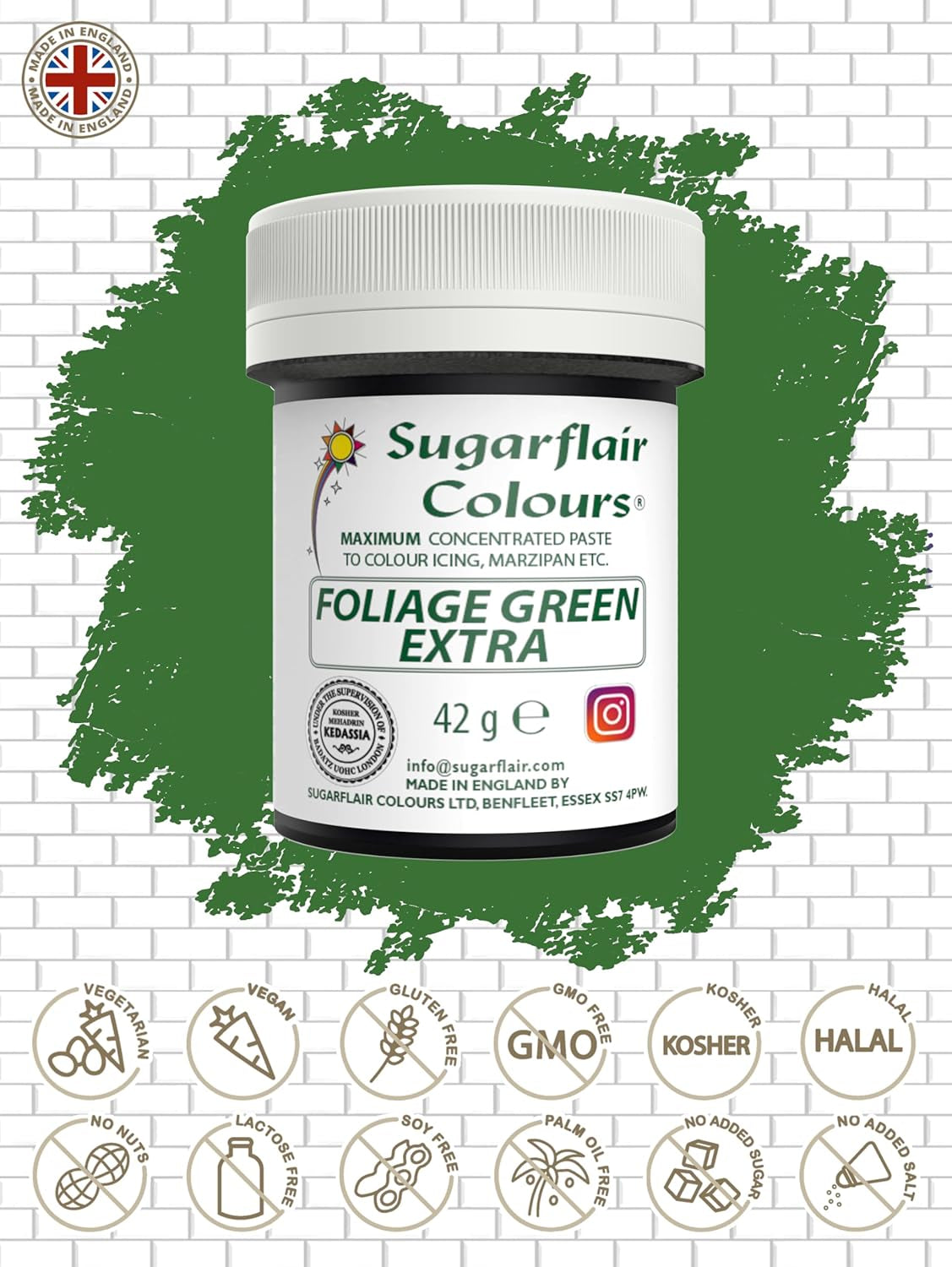 Sugarflair Max koncentrerad lövverk grön matfärgning, högkoncentrerad marsipan och fondant matfärgning, Max koncentrat pastafärgning - 42g