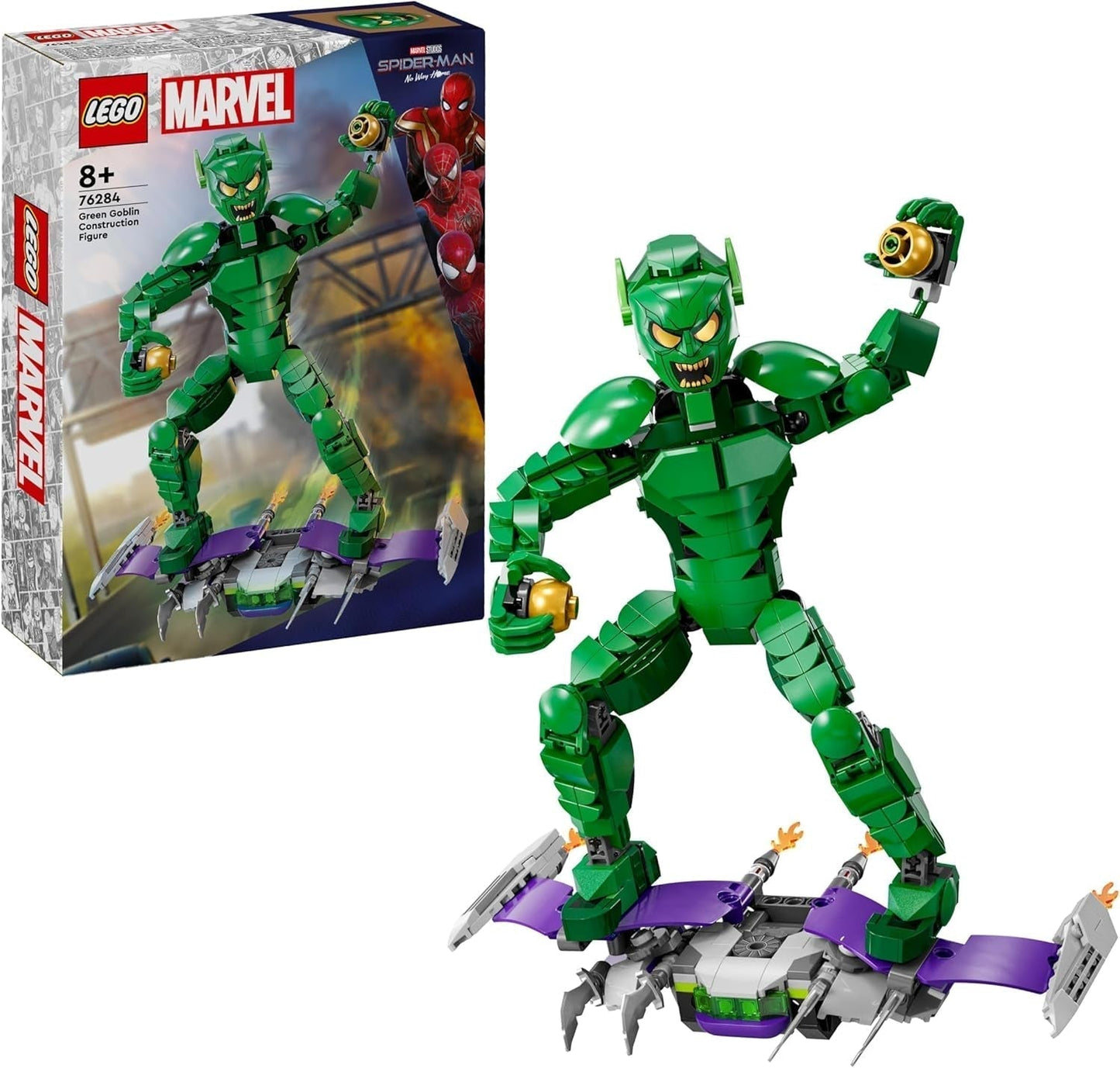 LEGO Marvel Green Goblin Byggfigur, Superskurk rörlig byggleksak för barn 8+, pojkar och flickor, Spider-Man Universe Set med reglage och pumpabomber, Superhjältepresentidé 76284 Byggset Besuche den LEGO-Store Standardtitel