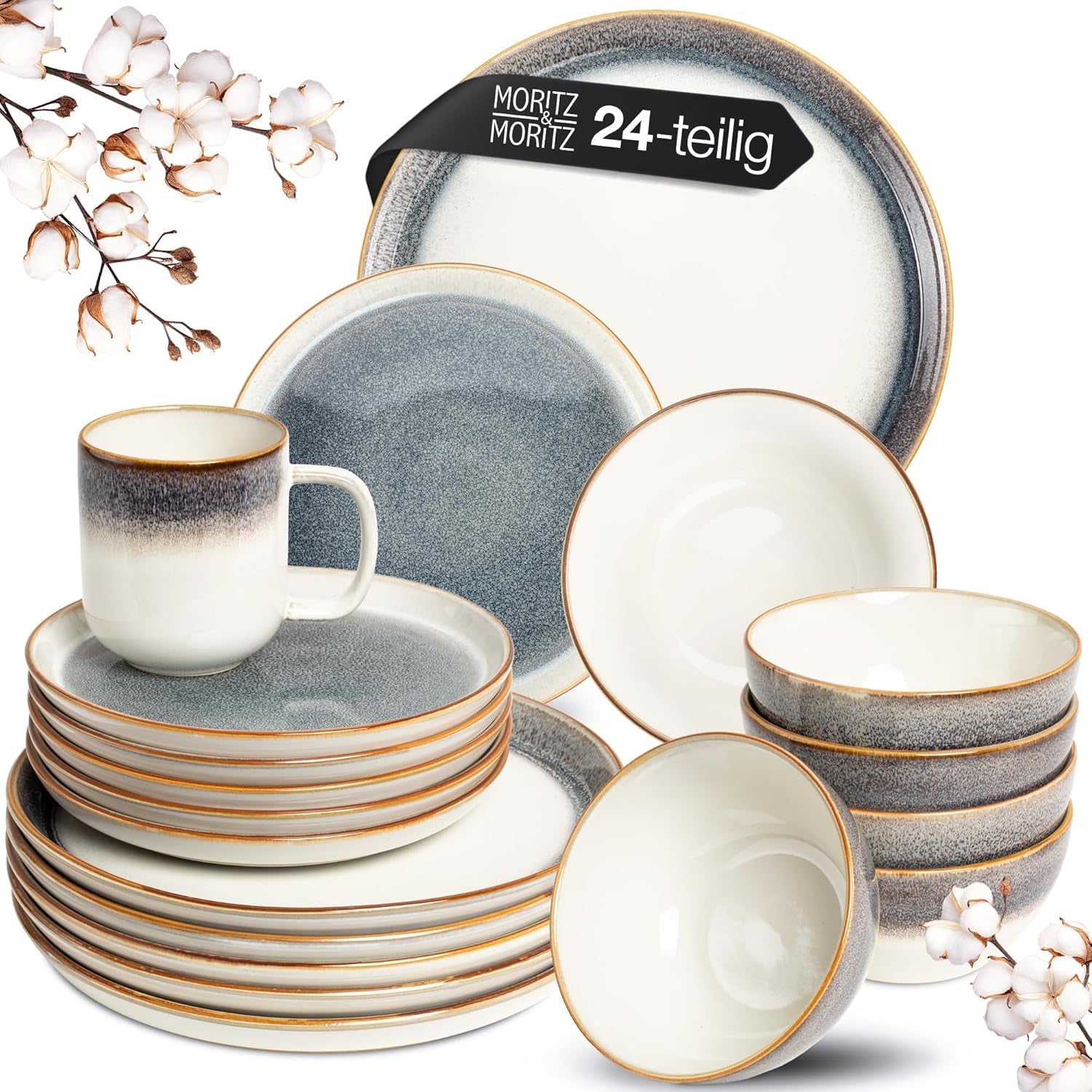 Moritz & Moritz TARENTO 24-delat servisset för 6, grå - Elegant tallriksset i stengods av hög kvalitet - Matservisset innehåller 6 mattallrikar, 6 desserttallrikar, 6 middagstallrikar och 6 koppar