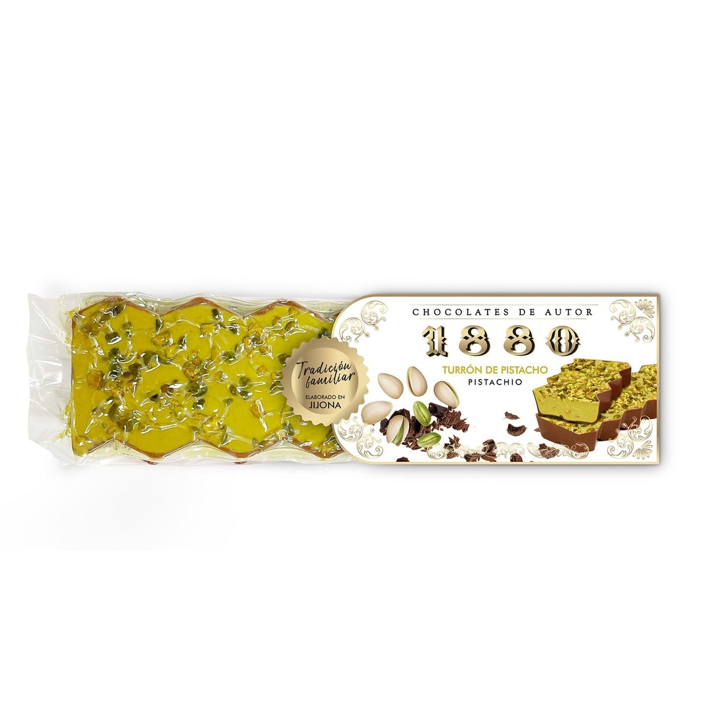 Hantverksmässig choklad pistasch turrón, 200g, krämig konsistens, överlägsen kvalitet, fina ingredienser, autentisk smak, den dyraste turrón i världen
