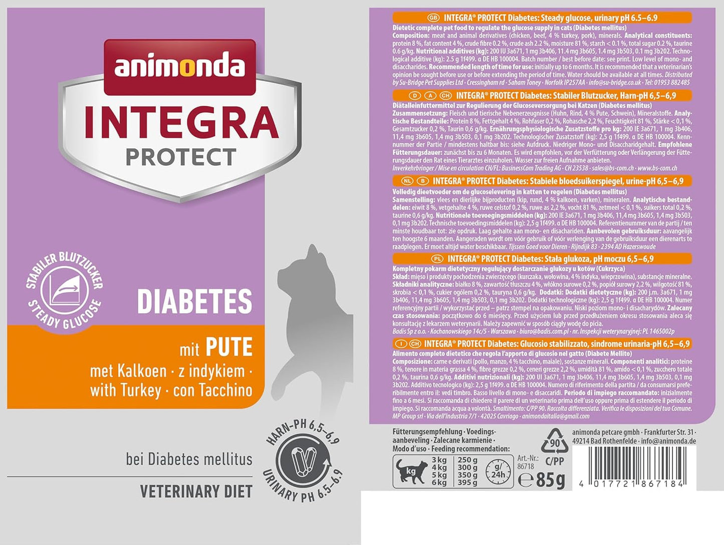 Animonda INTEGRA PROTECT våtfoder för diabetiska katter med kalkonkött (24 x 85g), rekommenderat av veterinärer för diabetes, ett komplett dietfoder för vuxna katter, utvecklat tillsammans med veterinärer.