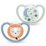 NUK Space Night Napp, 0-6 månader, extra stora ventiler, Glow in the Dark, BPA-fritt silikon, räv och nyckelpiga, 2-pack