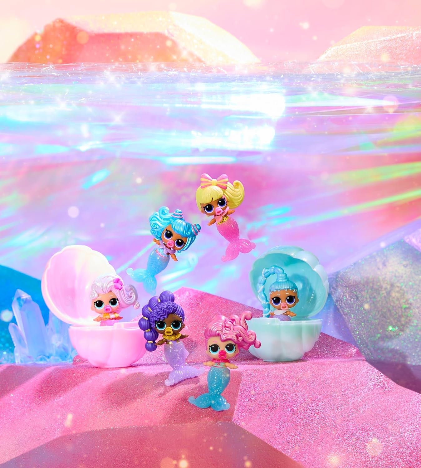 LOL Överraskning! Mermaid Makeover Magic Baby Sisters - Färgskiftande sjöjungfrusvans med musselboll för visning, 6 samlardockor - 4+