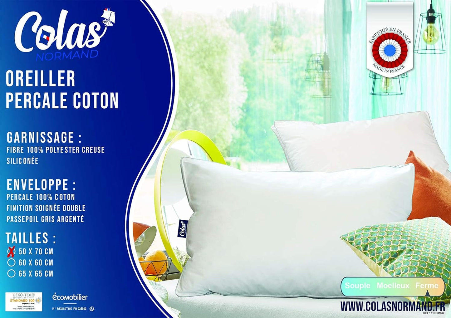 Kudde, Bomull, Percale, 50 X 70 Cm, Fin finish, Komfort, Percale, 100 % bomull, Hög kvalitet, Mjuk, Tillverkad i Frankrike, Vit 73130220 Naty Shop Standardkuddar