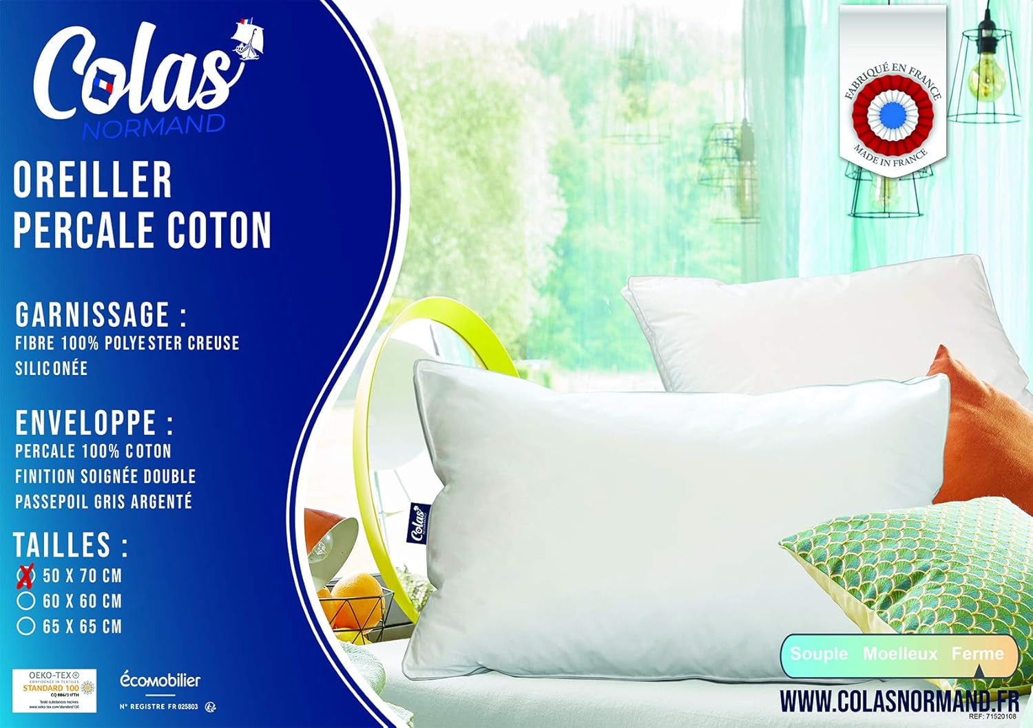 Kudde, Bomull, Percale, 50 X 70 Cm, Fin finish, Komfort, Percale, 100 % bomull, Hög kvalitet, Mjuk, Tillverkad i Frankrike, Vit 73130220 Naty Shop Standardkuddar