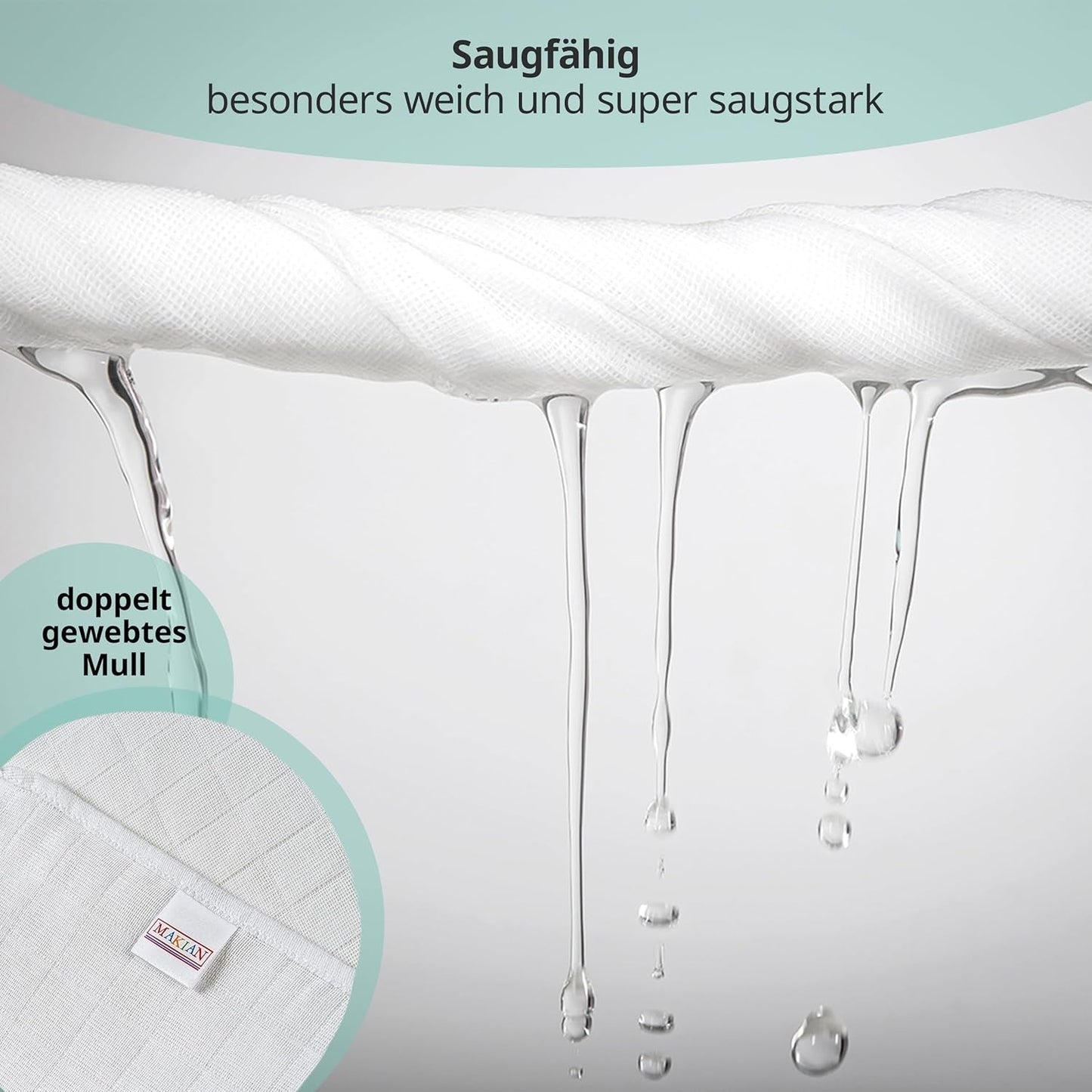 MAKIAN Muslin Squares, paket med 10, 80x80 cm, Oeko-TEX® Standard 100 Certified, 10 Premium Burp-dukar - Dubbelvävda tygrutor / Muslin Squares, Kokbeständig - Vit