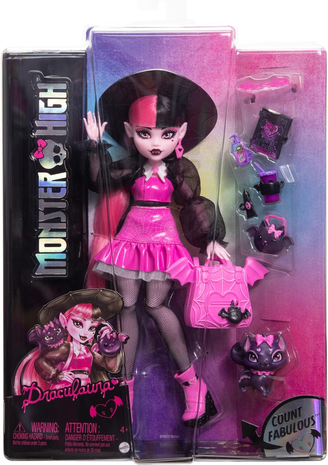 Monster High Draculaura-docka med sitt husdjur Count Fabulous fladdermuskatt och tillbehör som ryggsäck, trolldomsbok, bentobox och mer, HRP64 Naty Shop Dolls