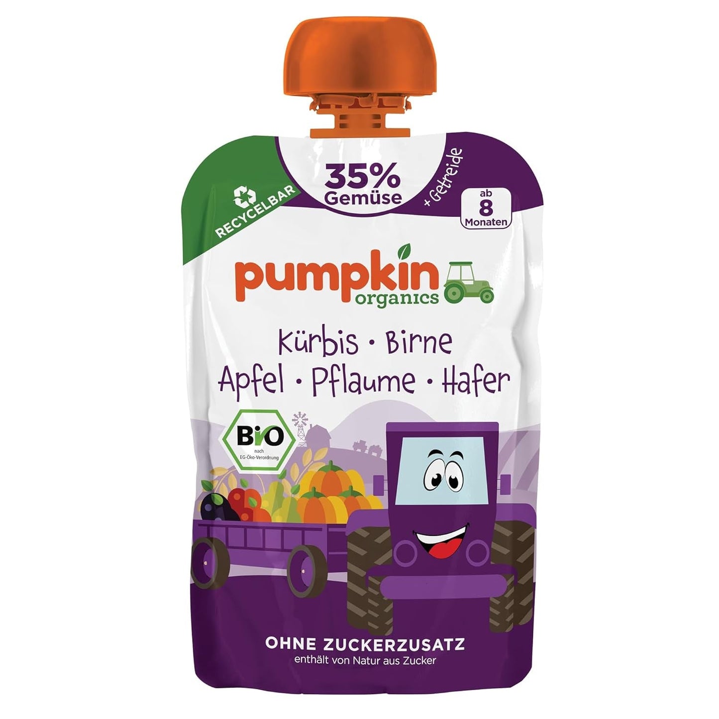 Pumpkin Organics Bio Gemüse-Getreide-Quetschie Kürbis, Birne, Apfel, Pflaume, Hafer ohne Zuckerzusatz¹ - ab 8 Monaten - als Snack eller Beikost für unterwegs (100g)
