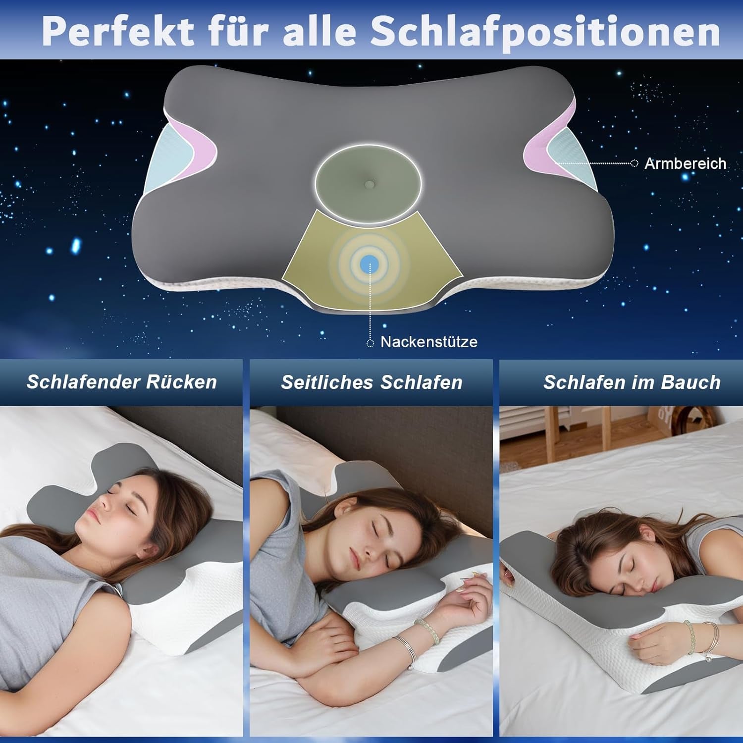 Memory Foam Kudde Nackkudde Ortopedisk kudde - Ergonomisk design Ihålig form för sido-, rygg- och magsyllar Grå cervikala ortopediska kuddar Naty Shop