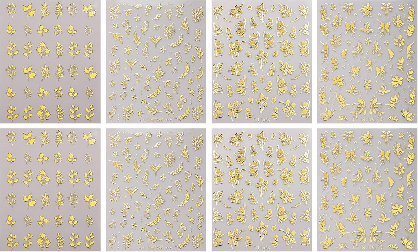 JMEOWIO Nagelsticker Goldene Blumen 8 Blatt Nail Art Sticker Selbstklebend Nagelaufkleber Dekoration Nageldesign Zubehör