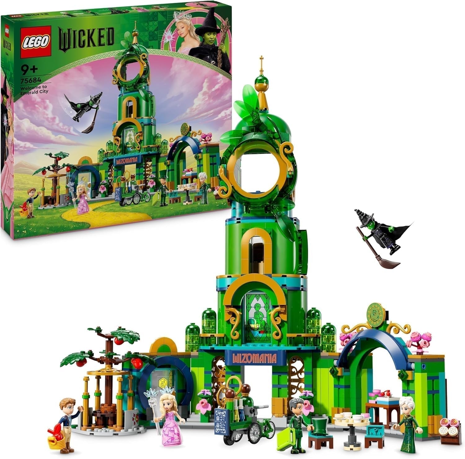 LEGO Wicked Welcome to Emerald City, tornleksak, Glinda och Elphaba minidockor, present till filmfans och 9-åriga flickor och pojkar som älskar dockskåp 75684 Byggset Besuche den LEGO-Store Standardtitel