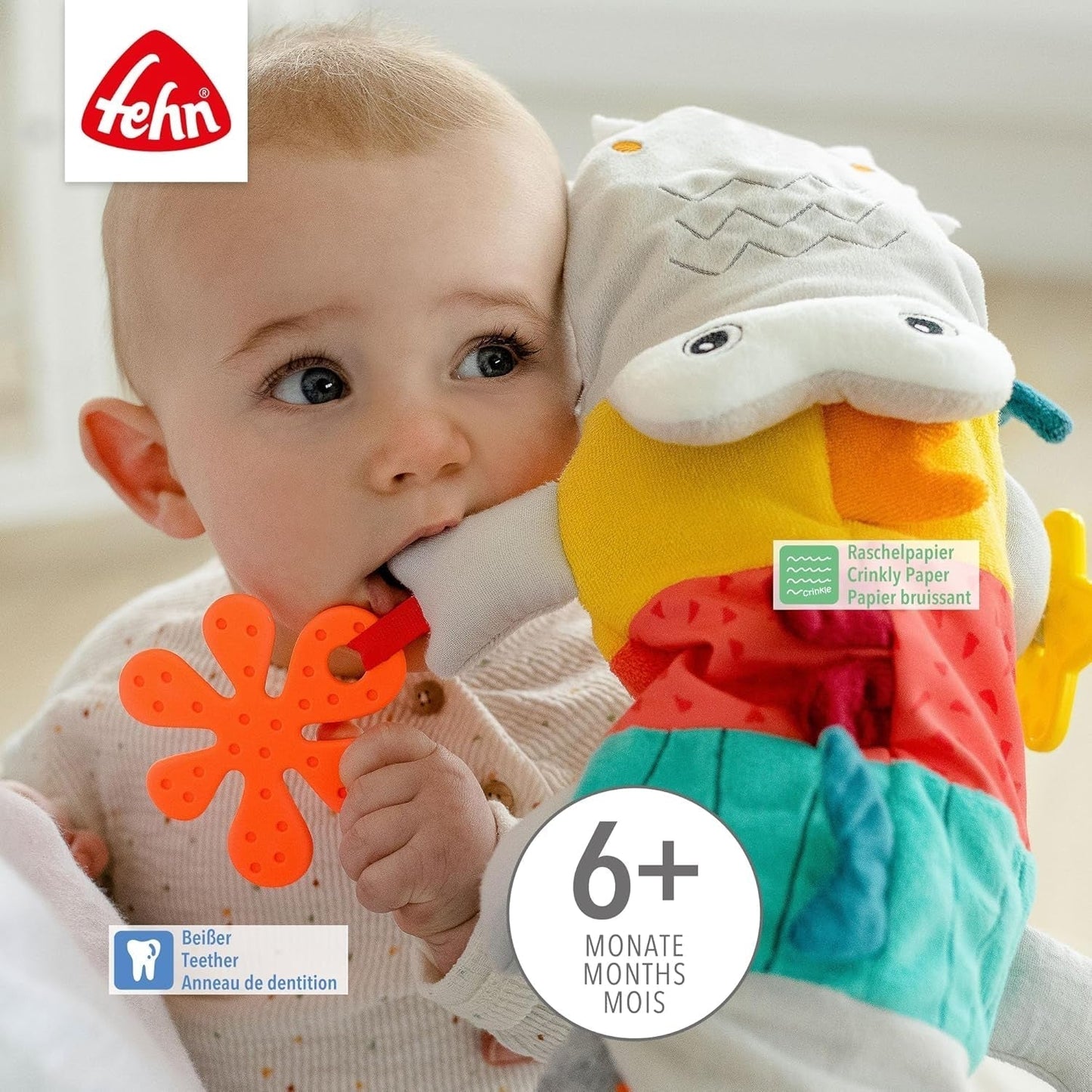 Fehn Baby Handdocka Krokodil - Plyschleksak med skallra, prasslande papper, bitring och gnissling - Babyhanddocka - Poppande leksak för spädbarn och småbarn 6+ månader Babyleksaker Naty Shop