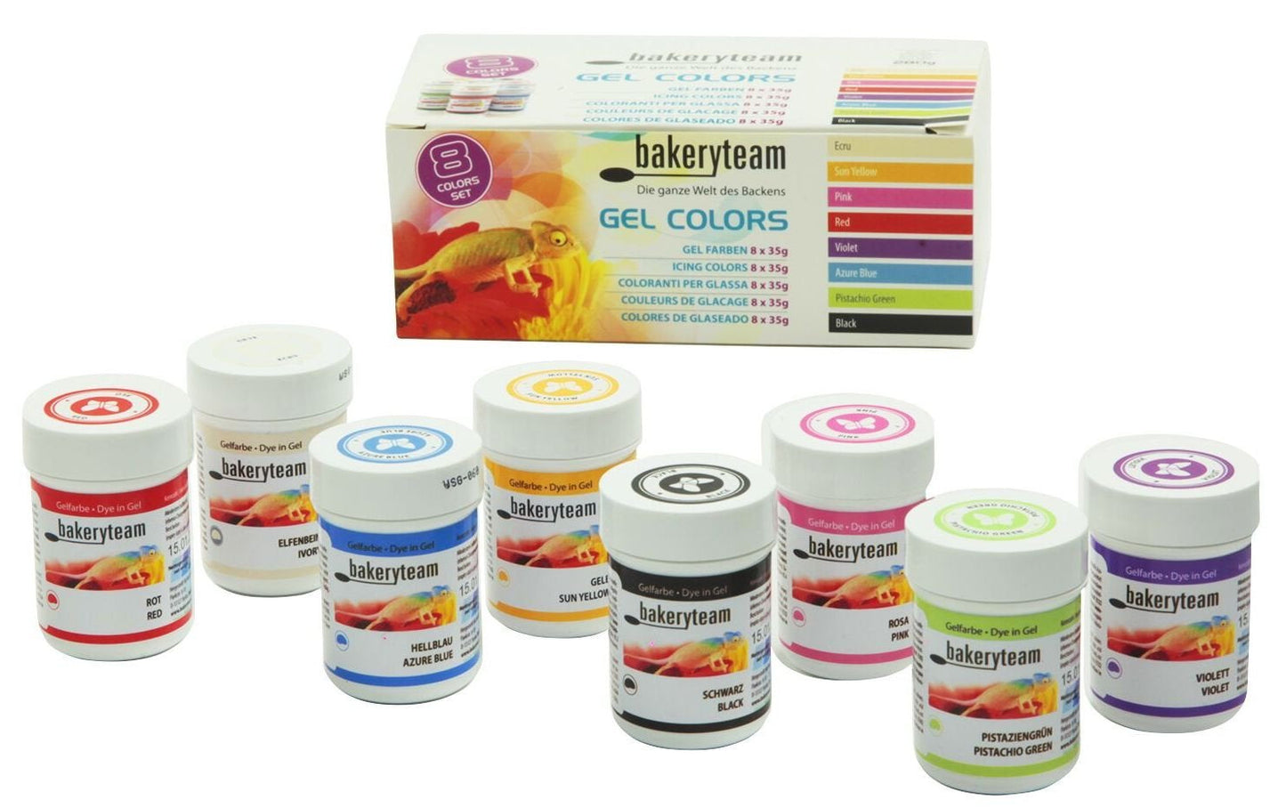 Bakeryteam gel matfärger för fondant, marsipan, cupcake, grädde, tårta, torte, glass, set (8 x 35g)
