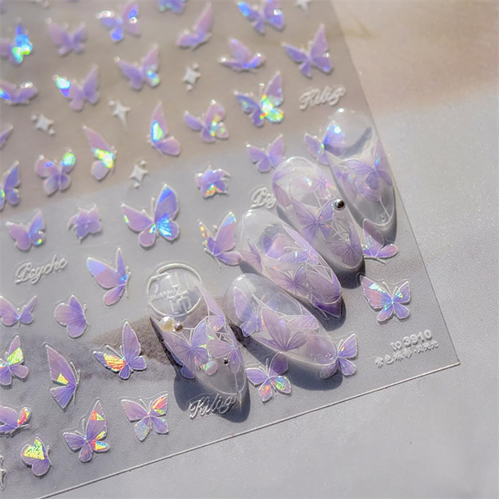 2 Blätter Schmetterling Nagelsticker Selbstklebend,Muschel Glitzer Nail Art Butterfly Nagelsticker Lila Grau Schmetterlinge Nagelaufkleber Relief Laser Butterflies Nagel Sticker Nageldesign Zubehör