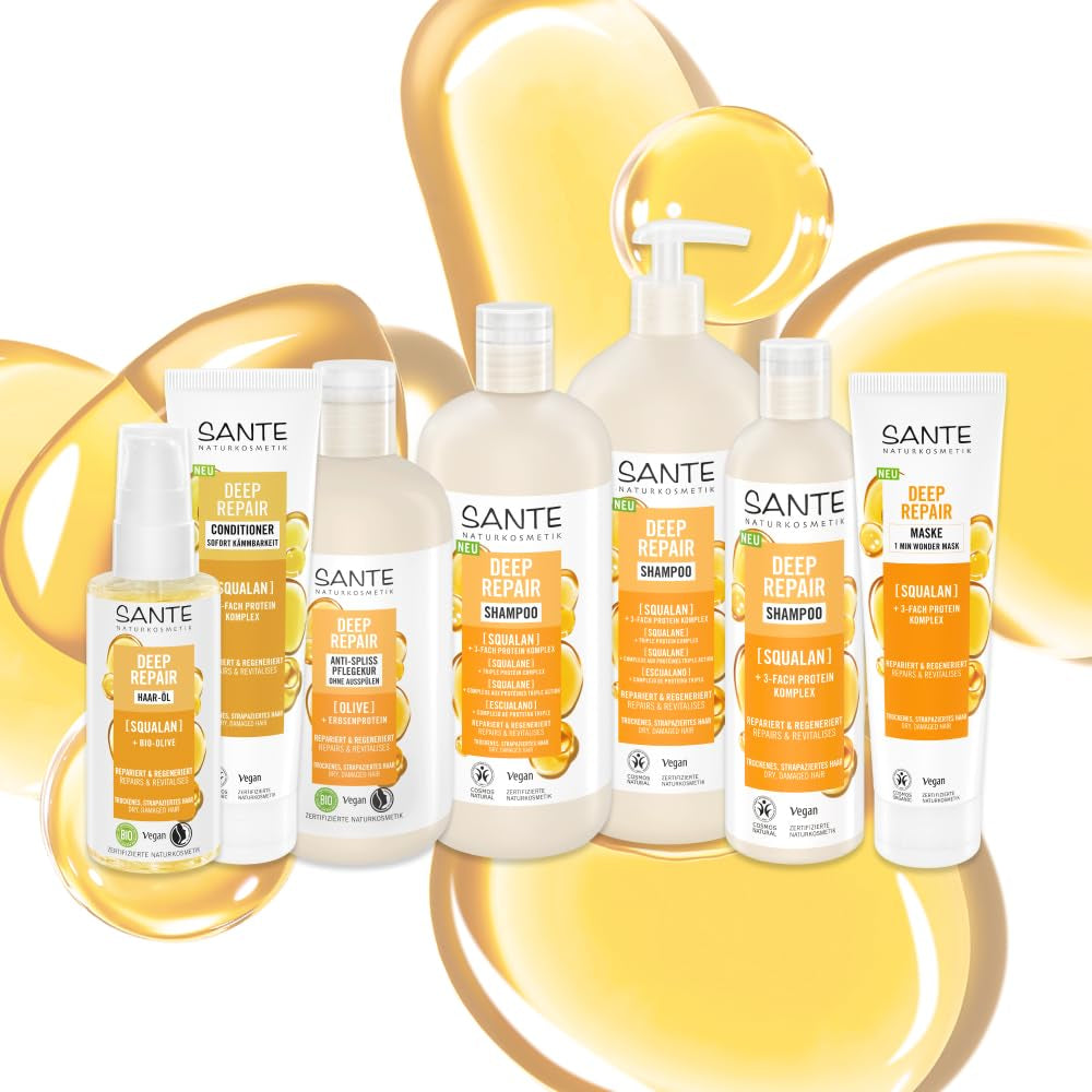 SANTE Natural Cosmetics Deep Repair Mask Squalane + 3x proteinkomplex, vegansk hårmask för intensiv återfuktning och flexibelt hår, reparerar och regenererar skadat hår, 150 ml Naty Shop Hair Mask