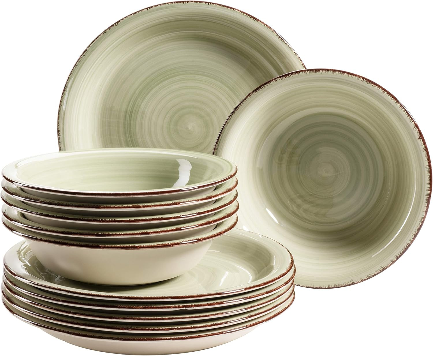 MÄSER servisset för 6, modern vintagelook, 12-delad bordsservering, handmålad, grön, kakel, olivgrön (Bel Tempo II)