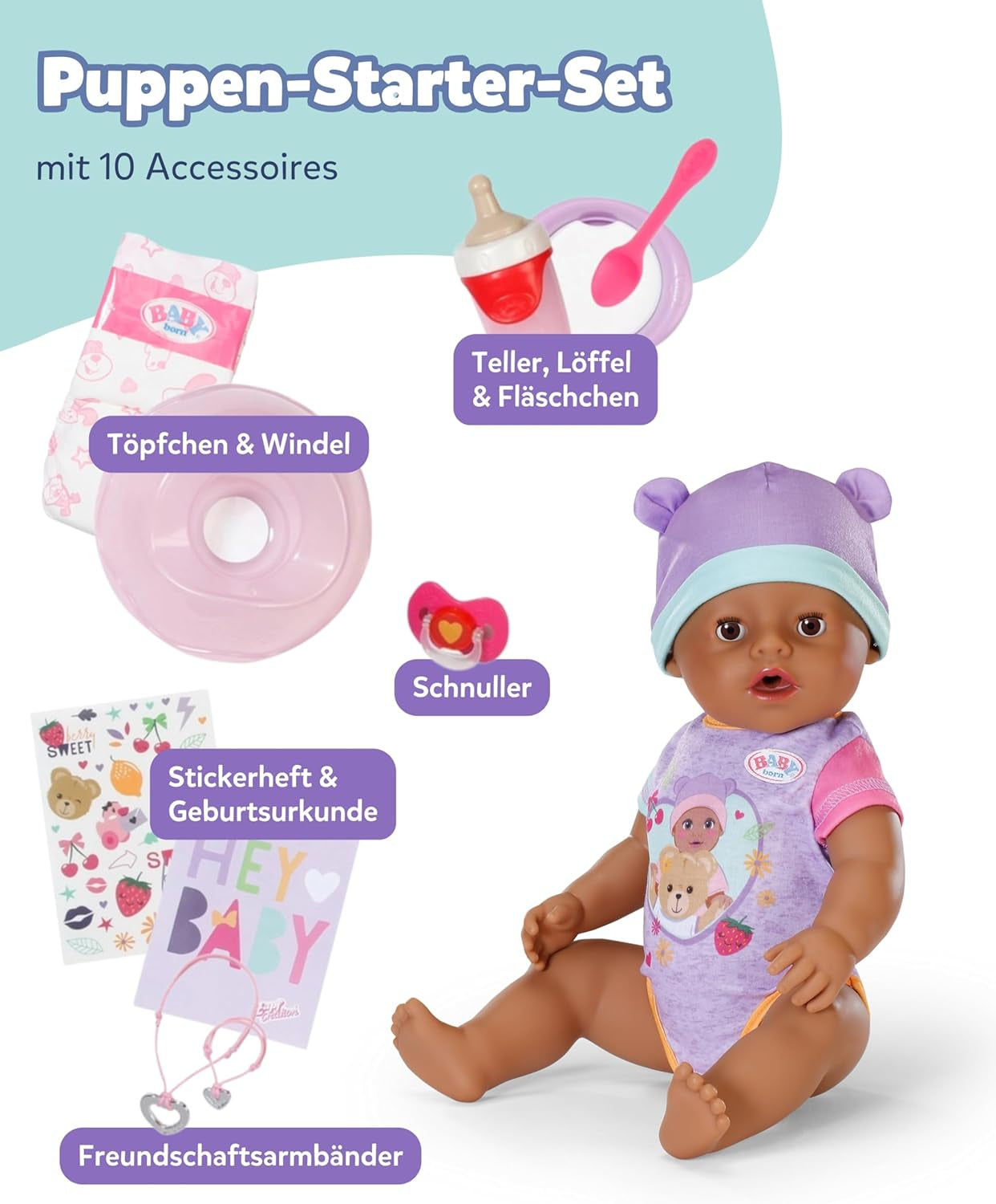 BABY Born Eva - babydocka 43 cm - 10 funktioner inklusive tillbehör och madrass - Fungerar helt utan batterier - Lämplig för barn från 3 år och uppåt