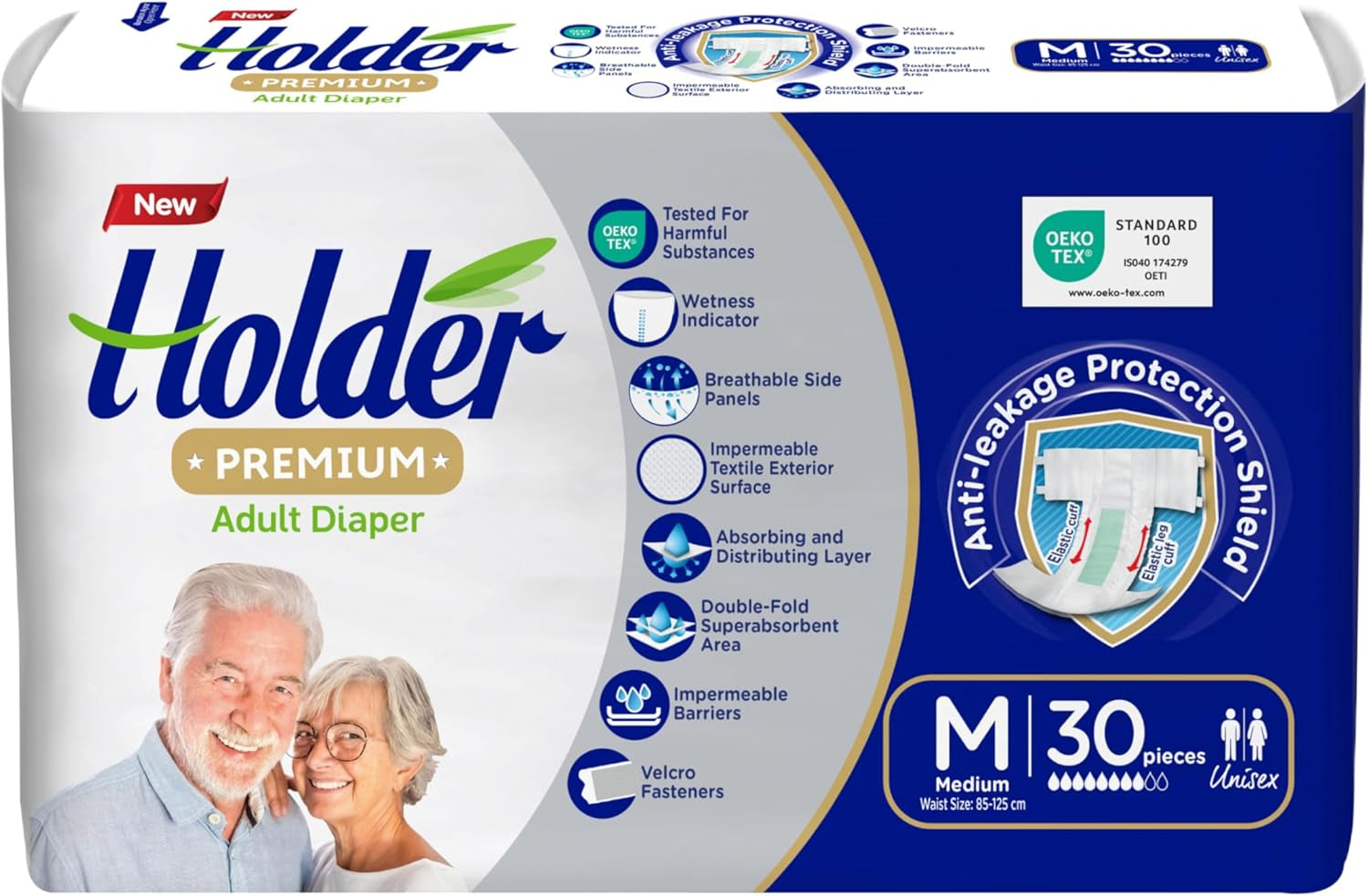 Vuxen unisex engångsblöjor Vattentät Absorberande Elastisk sida Andas Superabsorberande Dubbellagers fuktindikator 5-stjärnigt dermatologiskt skydd Medium