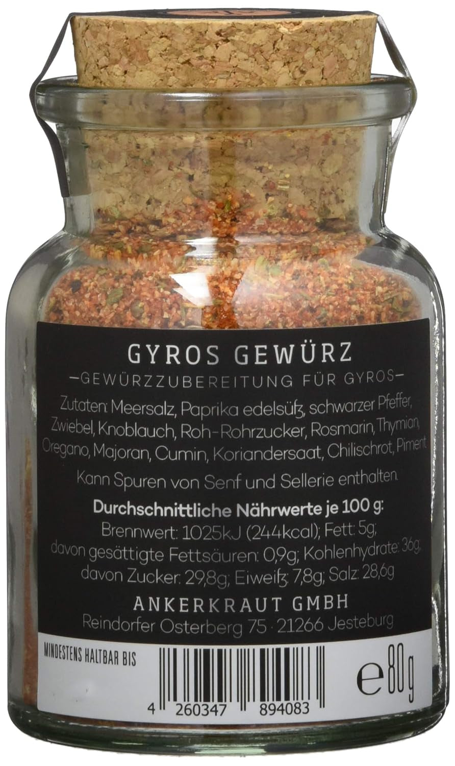 Ankerkraut Gyros, Gewürzmischung für Gyros, egal ob aus der Pfanne oder vom Grill, mit Zwiebel, Knoblauch, Mejram, Spikummin, Piment och mehr, 80 g im Korkenglas