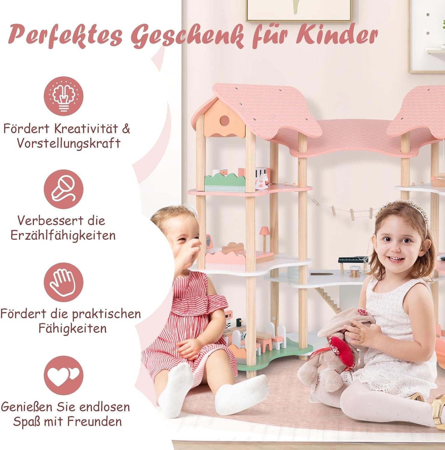 FANTASK dockskåp i trä, 85 cm höjd 7-rumsdockhus med 32 möbler och tillbehör, dockskåp med repstege, dockhuspresent för 3-åriga flickor (modell 3) Naty Shop dockskåp