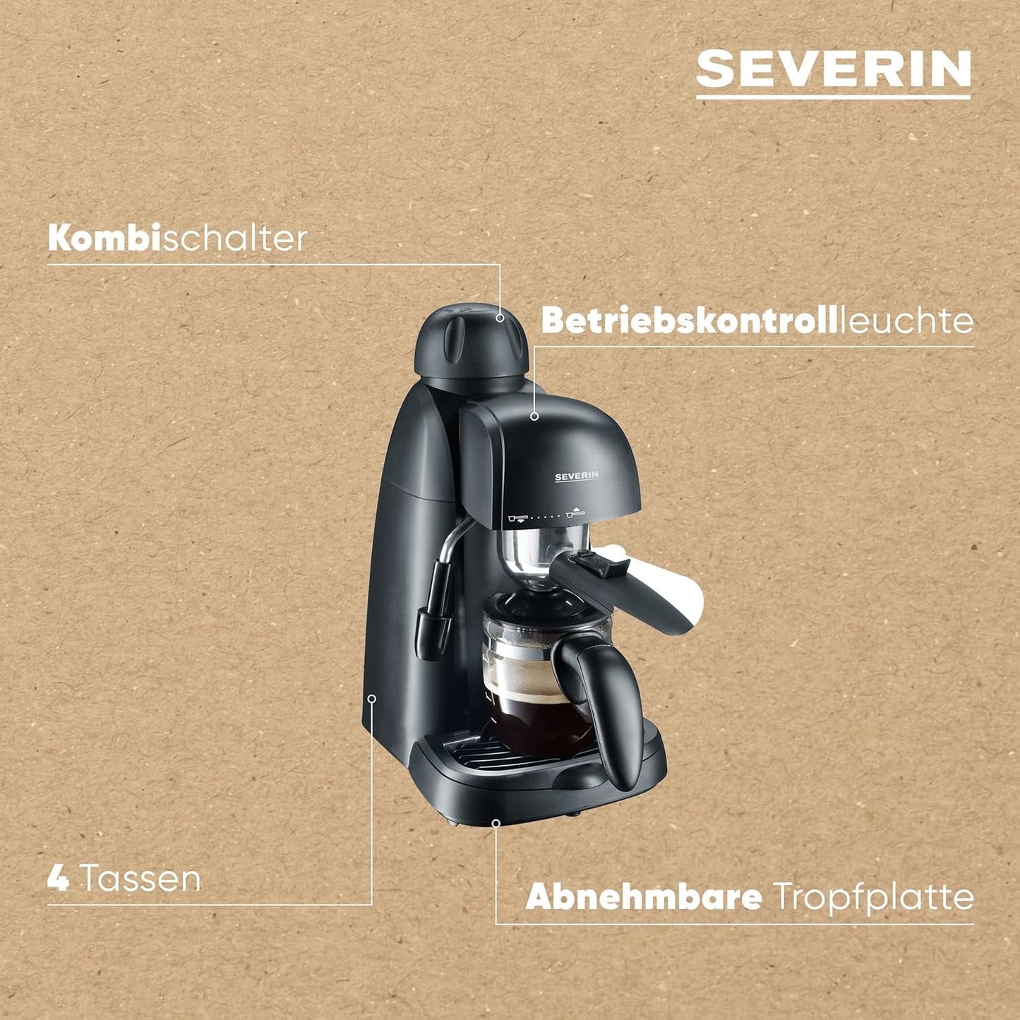 SEVERIN KA 5978 espressomaskin (inkluderar serveringsskål och mätsked, upp till 4 koppar) svart, standard