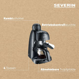 SEVERIN KA 5978 espressomaskin (inkluderar serveringsskål och mätsked, upp till 4 koppar) svart, standard
