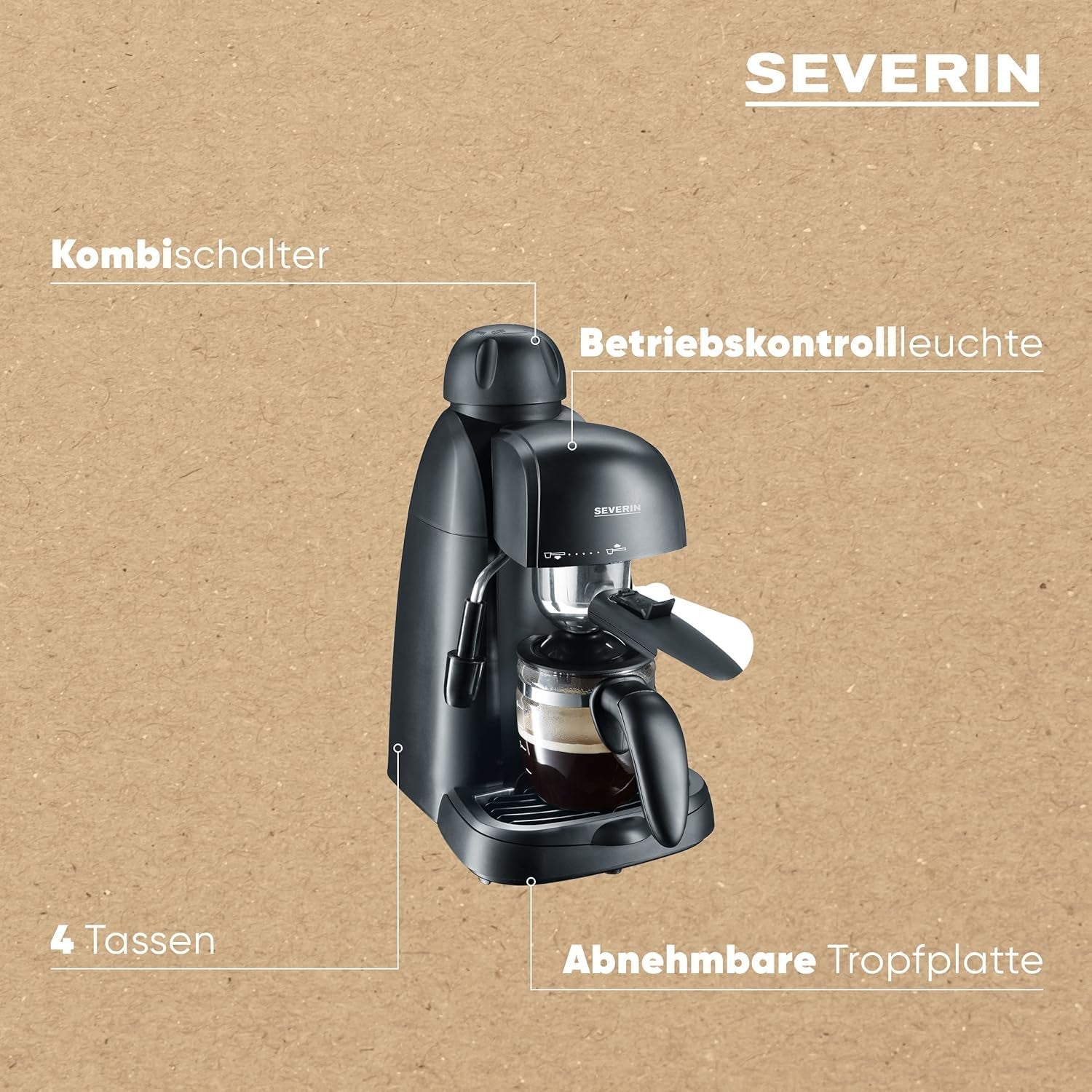 SEVERIN KA 5978 espressomaskin (inkluderar serveringsskål och mätsked, upp till 4 koppar) svart, standard