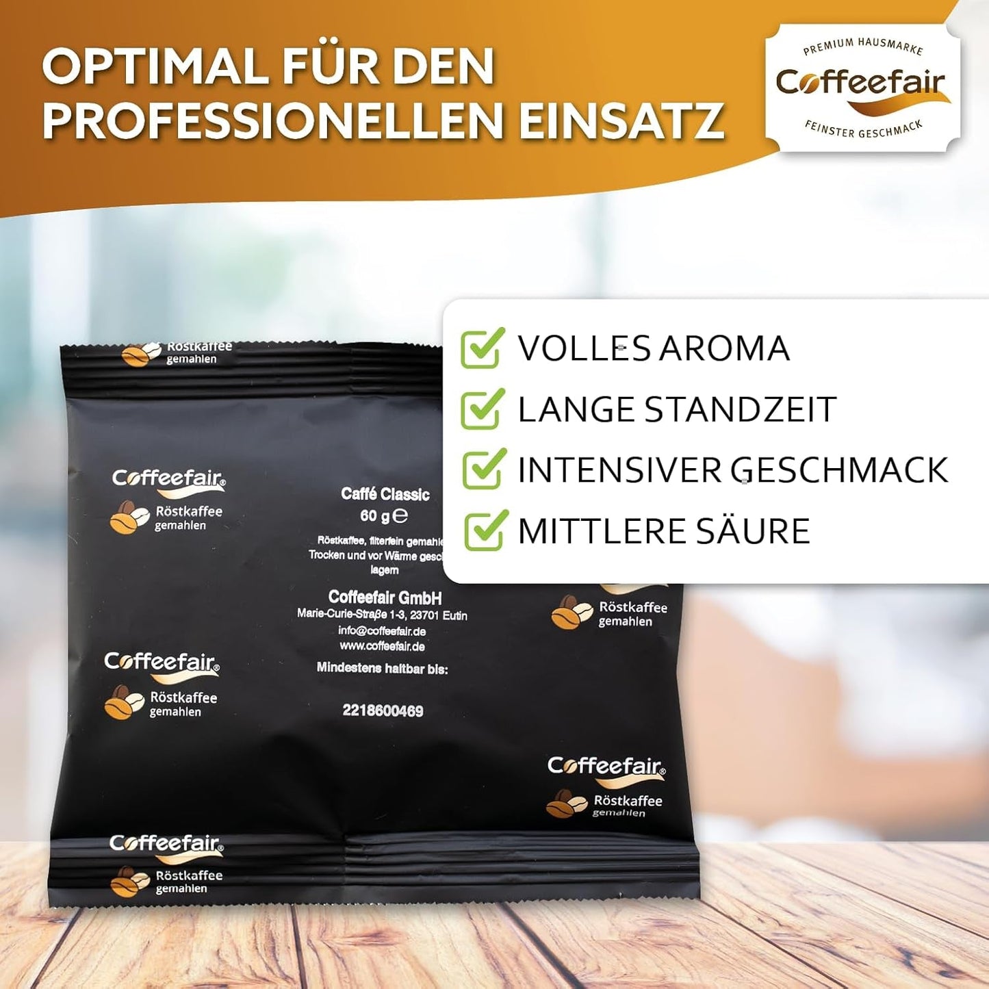 Filtrerat kaffe Coffeefair Caffe Classic 80 x 60 g malet kaffe, gastrokvalitet, lätt rostat, balanserat och fylligt, för filtrerat kaffeespresso