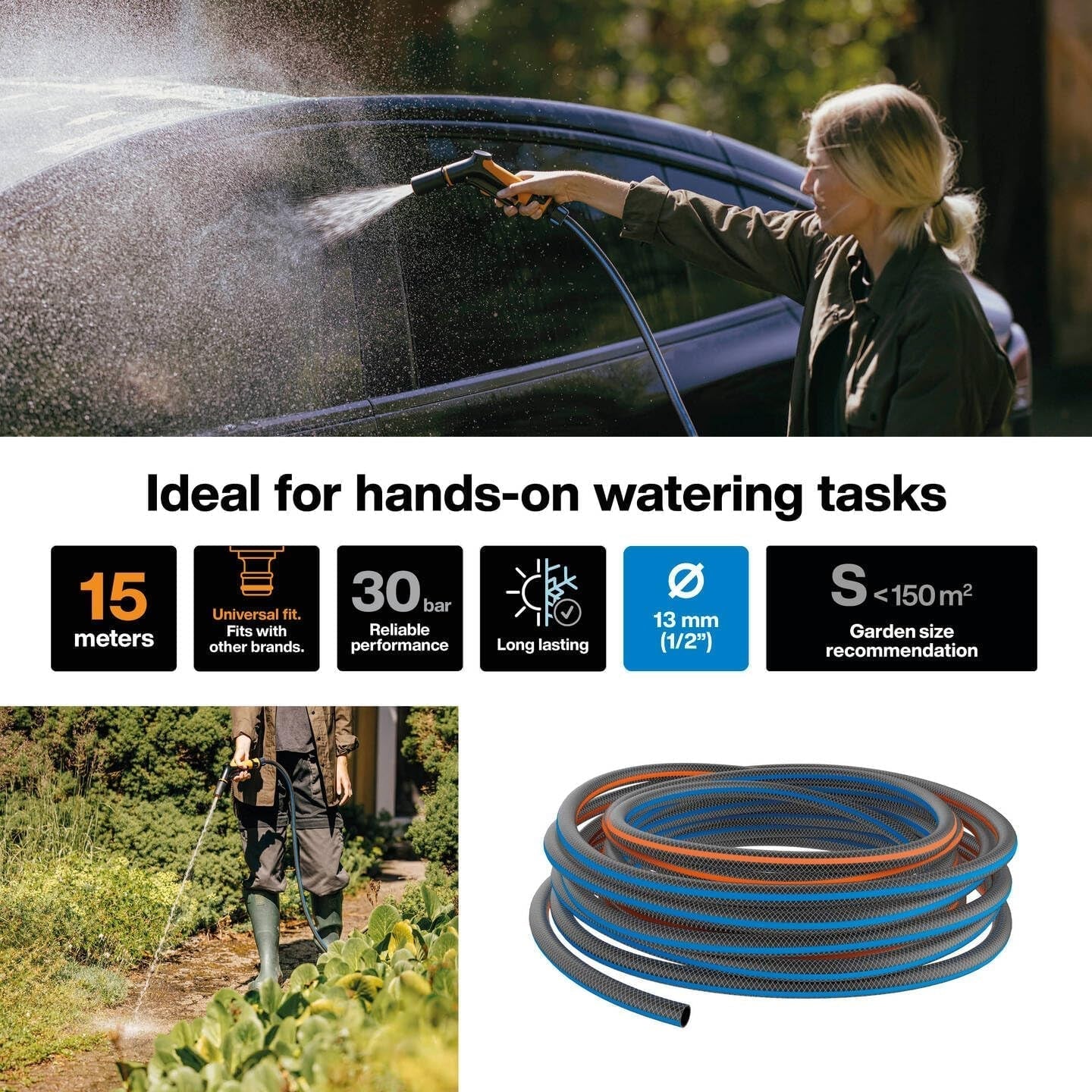 Fiskars S Trädgårdsslang, Serie X, Vattenslang för manuell bevattning, 13mm (1/2"), Längd: 15m, Universalanslutning, UV-skydd, Frostskydd, Vridbeständig, Blå, 1076044