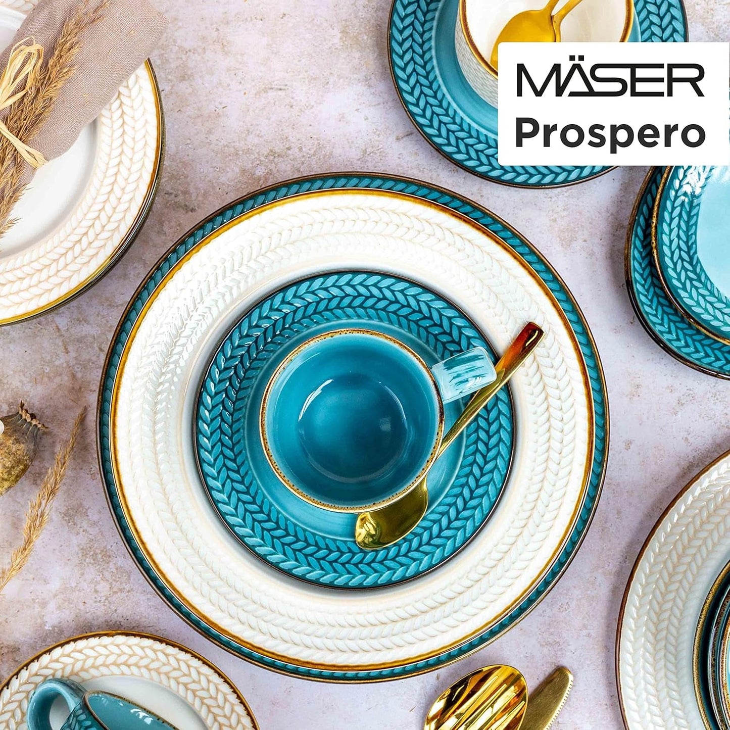 Prospero Premium kaffeservis för 4, restaurangkvalitet, modern kaffeservering i 12 delar i unik vintagestil, slitstarkt porslin, blått