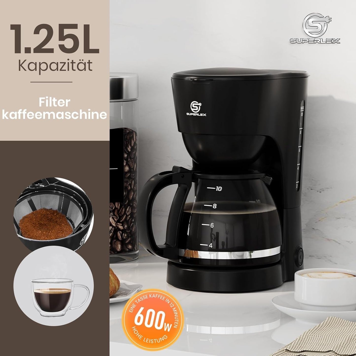 1,25L filterkaffebryggare för 10 koppar filterkaffe, diskmaskinssäker glaskaraff, termos, anti-droppsystem, automatisk avstängning, 600W, vattenfritt kokskydd för hem och kontor