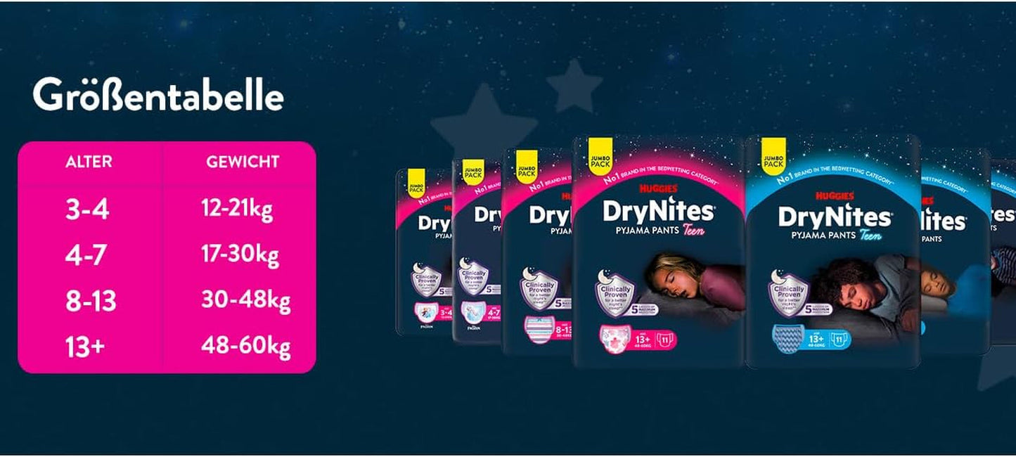 Huggies DryNites Superabsorberande nattblöjor för flickor 3-4 år (12-21 kg) 4 x 16 Count (64 Count totalt) Månatligt trosapaket
