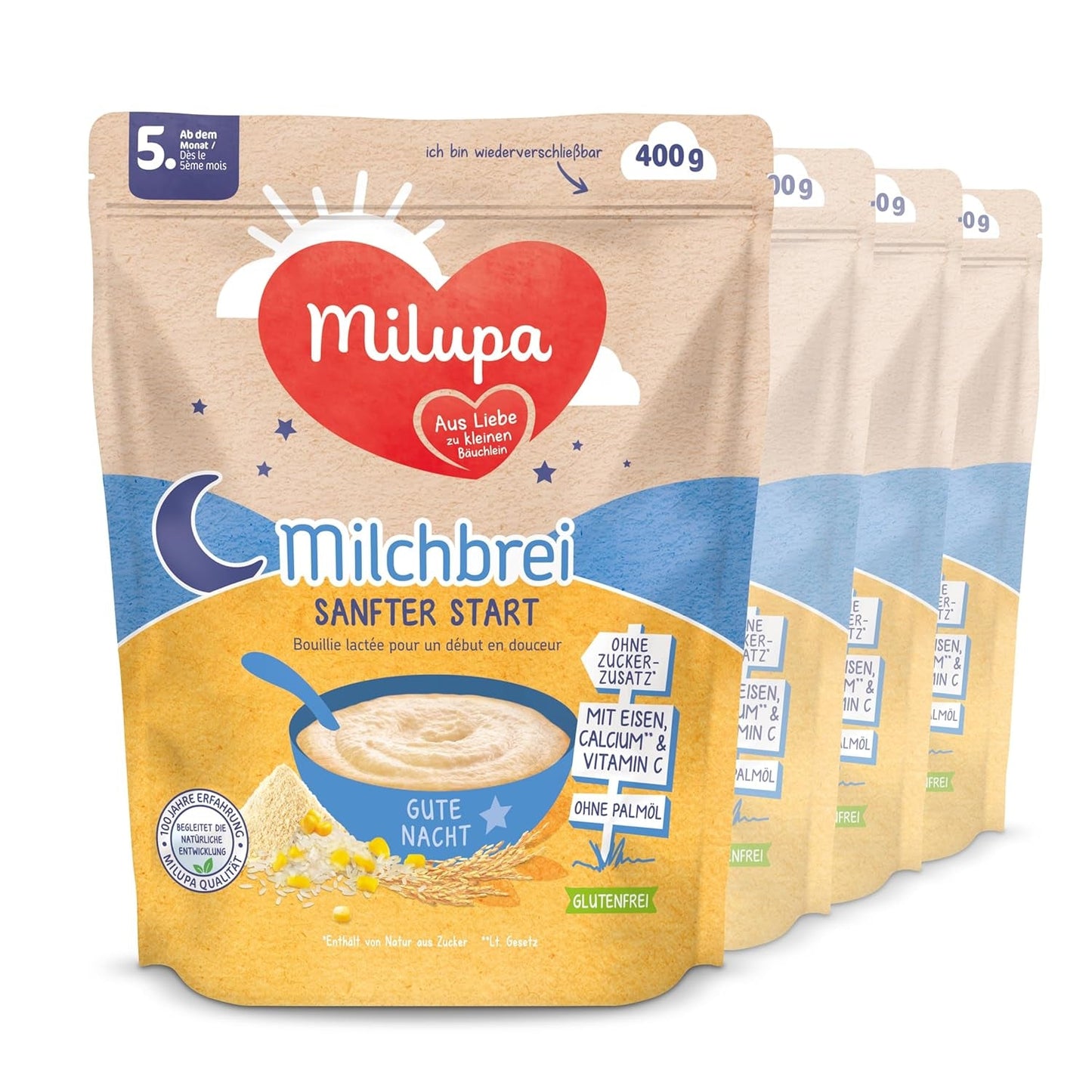 Mjölkgröt Milupa Gentle Start - Spannmål för bebisar utan gluten, utan palmolja - Utan konserveringsmedel och färgämnen - Från 5 månader - 4 x 400 g