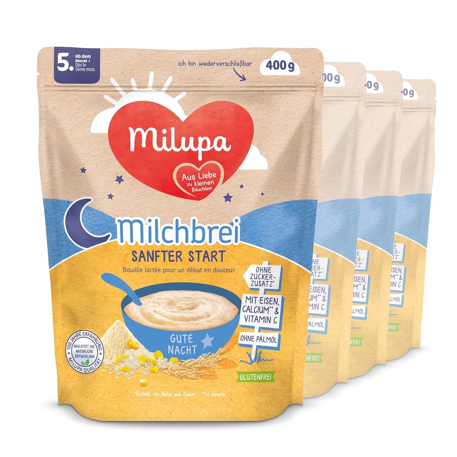 Mjölkgröt Milupa Gentle Start - Spannmål för bebisar utan gluten, utan palmolja - Utan konserveringsmedel och färgämnen - Från 5 månader - 4 x 400 g