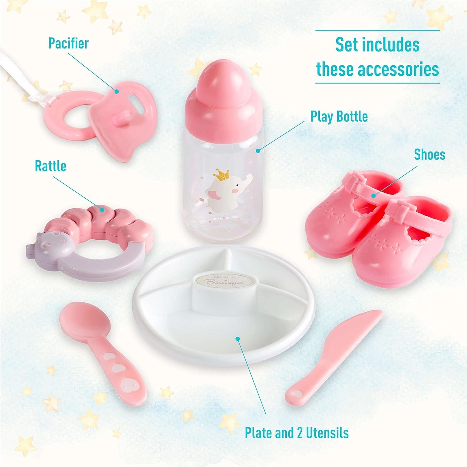 JC Toys - Berenguer Boutique 38 cm mjuk, verklighetstrogen docka med öppen/sluten mun, presentset i 10 delar, nappflaska, skallra, napp och tillbehör, rosa, 2+