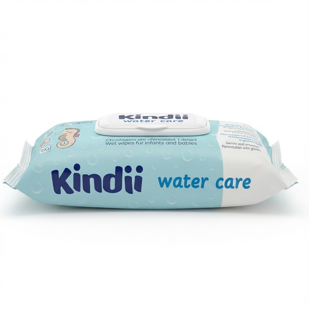 Kindii Water Care Wet Wipes - Aqua Baby Wipes - 100% Viskos, 99,9% Vatten, Grapefruktextrakt, Scarf Storlek 150x200, 100% biologiskt nedbrytbar, plastfria, rengöringsservetter för känslig hud