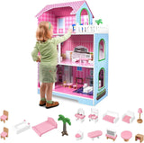 HENGMEI Puppenhaus Kinder Holz Puppenvilla Dollhouse Set Mädchen Spielset 3 Etagen Haus mit Möbeln och Zubehör, 70x30x100cm Puppenhäuser für Kinder (Typ B)