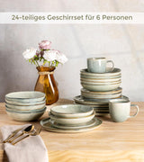 GBhome 6-personers keramiskt servisset 24-delat reaktiv glasyr Handgjord mikrovågsugn och diskmaskin Säker skål och tallrik Set Desret Sage GDW007GY-24P-EU