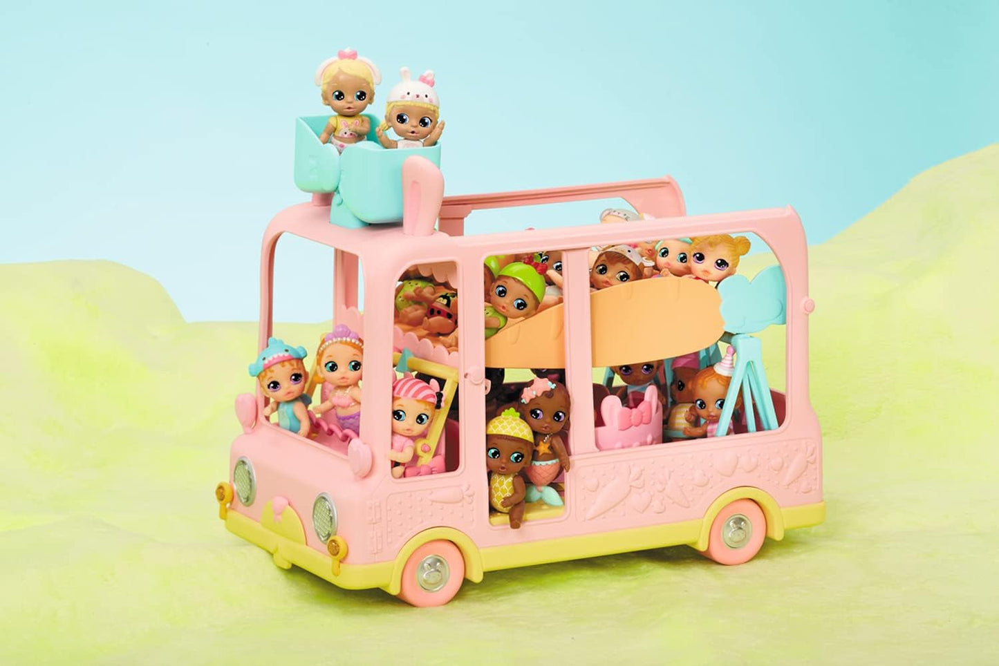 BABY född 904763 Baby Surprise Bus - rosa minidocka leksaksbuss med 2 exklusiva dockor, trippel sittvagn, gunga, karusell, rutschkana och trippelgunga.