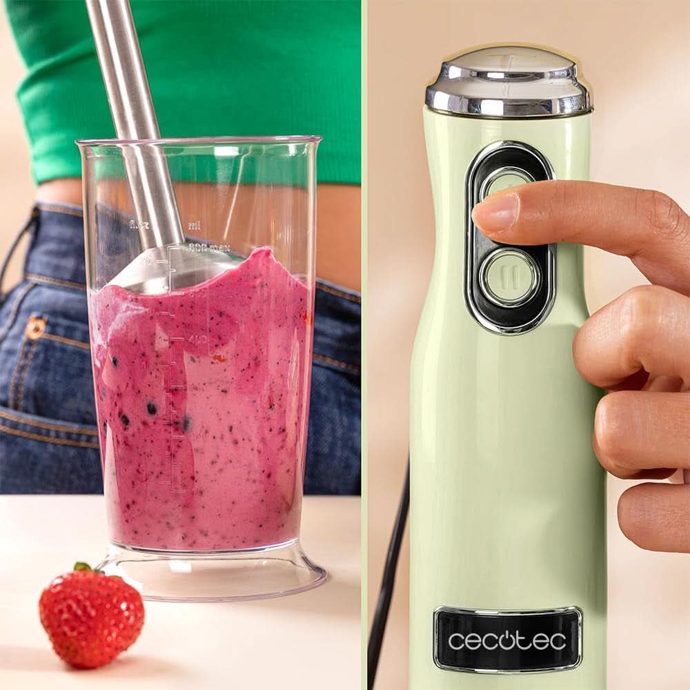 Cecotec Stabmixer Power Retrogreen 1200MAX Cream&Crush, Maximalleistung 1200 W, Crossblades-Technology, 2 Speeds, Zubehörset Spülmaschinenfest, Spritzschutzhaube Kitchen Naty Shop