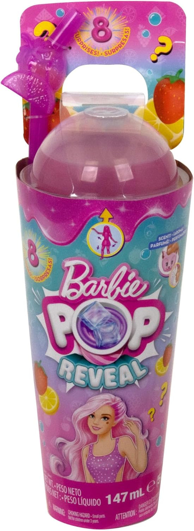 Barbie Pop Reveal Fruit - Överraskande dockor med 8 fruktiga överraskningar, inklusive en positionerbar docka med jordgubbssaft och en fluffig valp i åldern 3+, HNW41