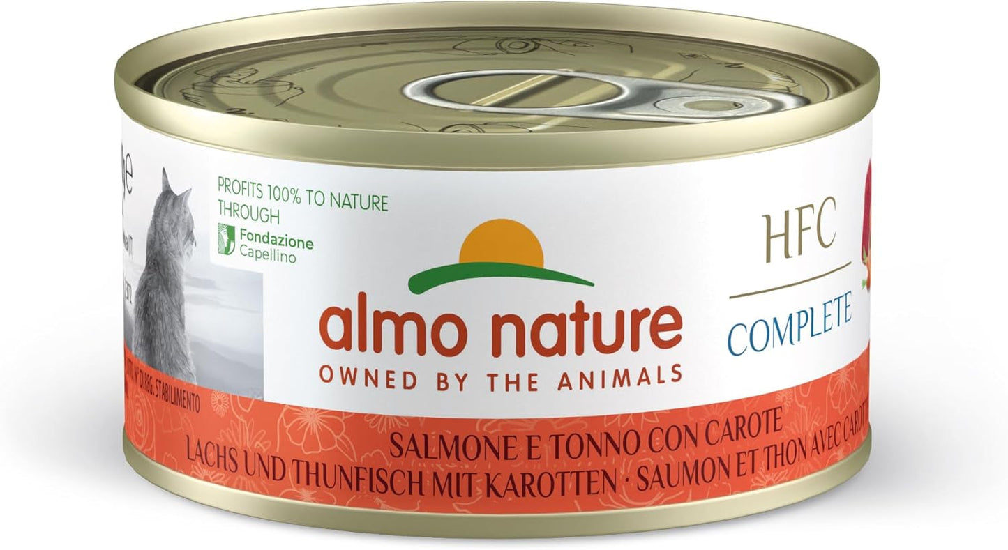 Almo Nature HFC Complete, Nassfutter für Erwachsene Katzen - Lax och tonfisk med morötter - Packung mit 1,68 kg (24 x 70 g)