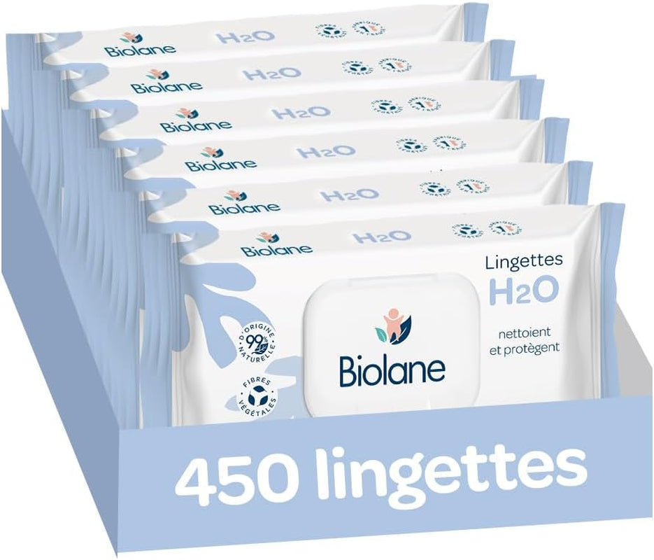 BIOLANE - Våtservetter för baby med vatten - 225 våtservetter - 3 x 75 stycken - Skonsam och effektiv rengöring - Från födseln - Fransk kvalitet