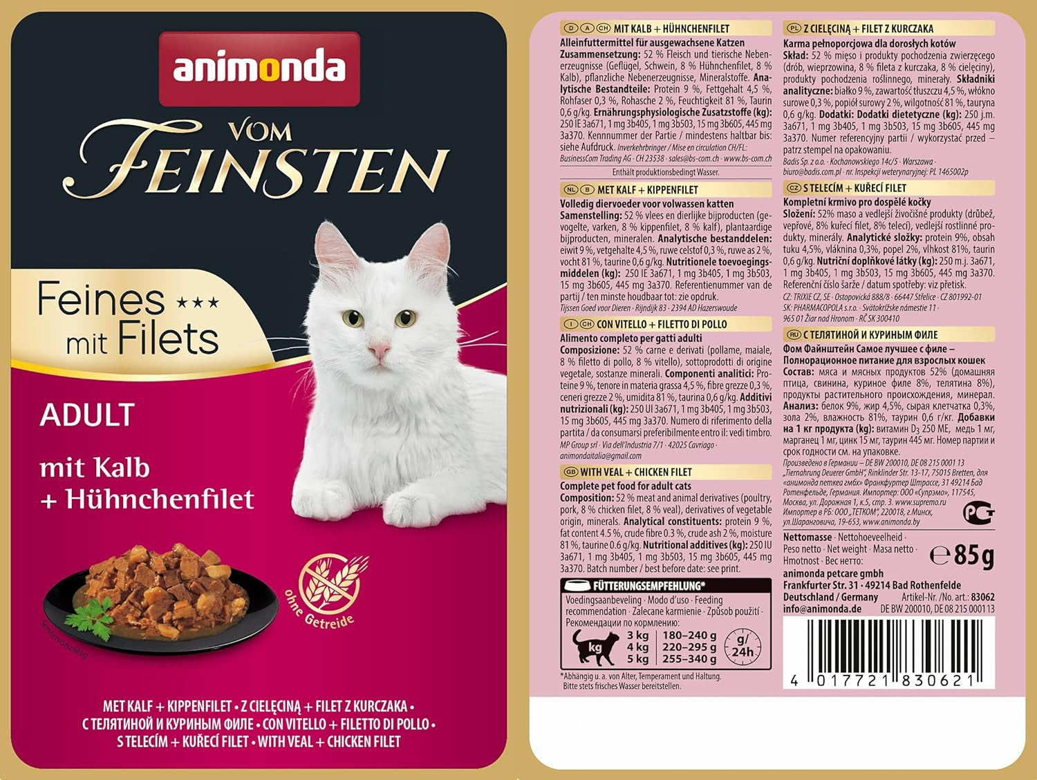 animonda vom Feinsten mit Fillets, Katzenfutter nass mit Kalb + Hühnchenfilet, 18 Portionsbeutel (18 x 85g), getreidefreies Katzen Nassfutter ohne Zucker, mit fleischigen Ingrediens