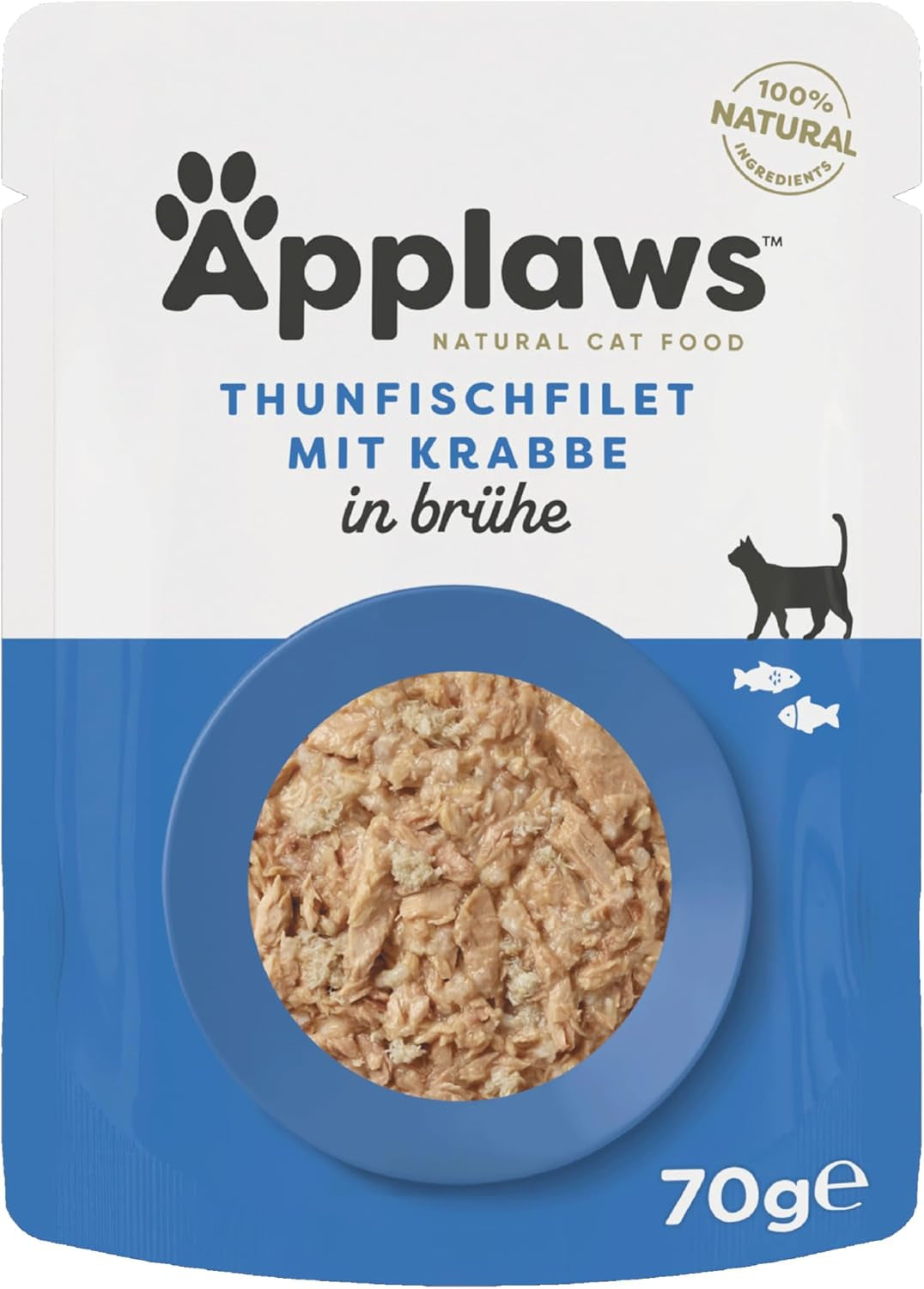 Applaws 100% naturliga Nassfutter für Katzen, Thunfischfilet mit Krabben in Brühe - Packung mit 12 x 70g Beuteln