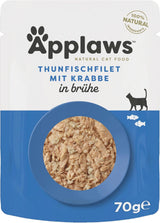 Applaws 100% naturliga Nassfutter für Katzen, Thunfischfilet mit Krabben in Brühe - Packung mit 12 x 70g Beuteln