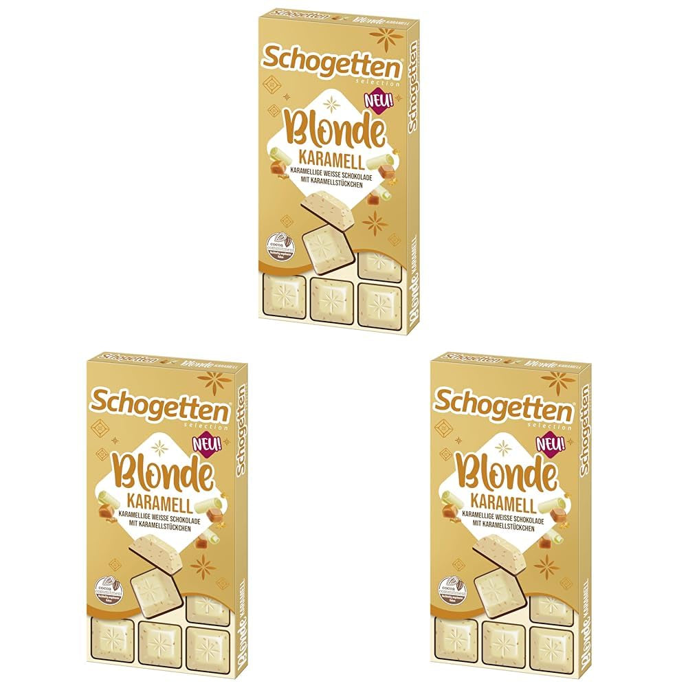 Schogetten Blond Caramel | Karamell med vit choklad och kola bitar | Chokladkaka 100g | Bekvämt portionerad