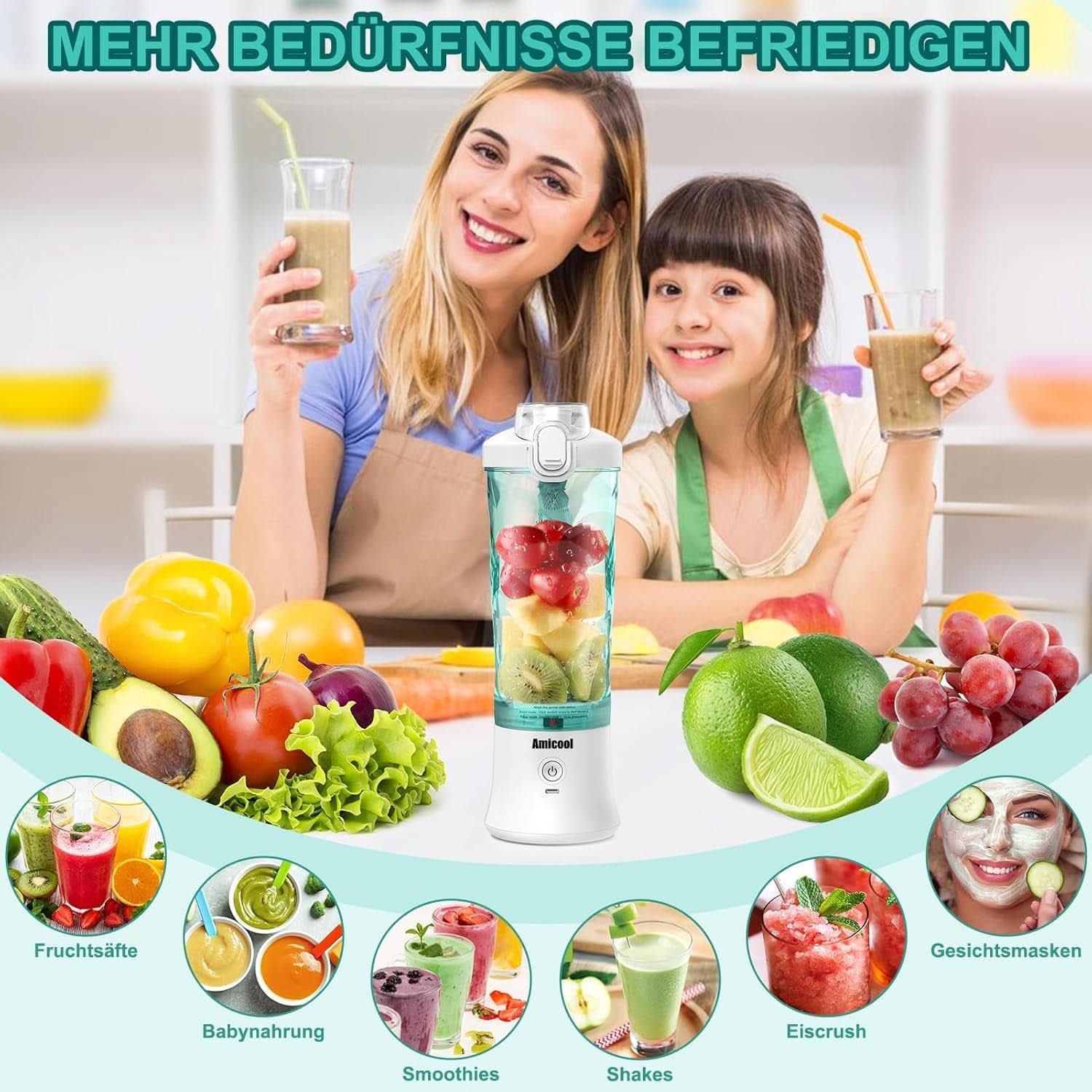 Mixer Smoothie Maker to Go, Mini Standmixer Tragbar Mit 6-Klingen Edelstahl, Enstafter Mit Reisedeckel, USB Portable Blender Elektrisch 600Ml Flaska, Mixer Shaker Slushy Maker Wasserdichter Bucatarie Naty Shop