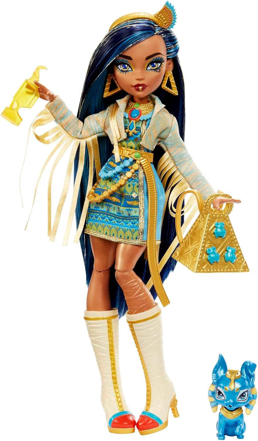 Monster High Cleo de Nile Puppe, Mummie Modepuppe, Königliches Outfit, Killerstiefel, Pyramidenryggsäck, Zubehör, für Kinder ab 4 Jahren, HHK54