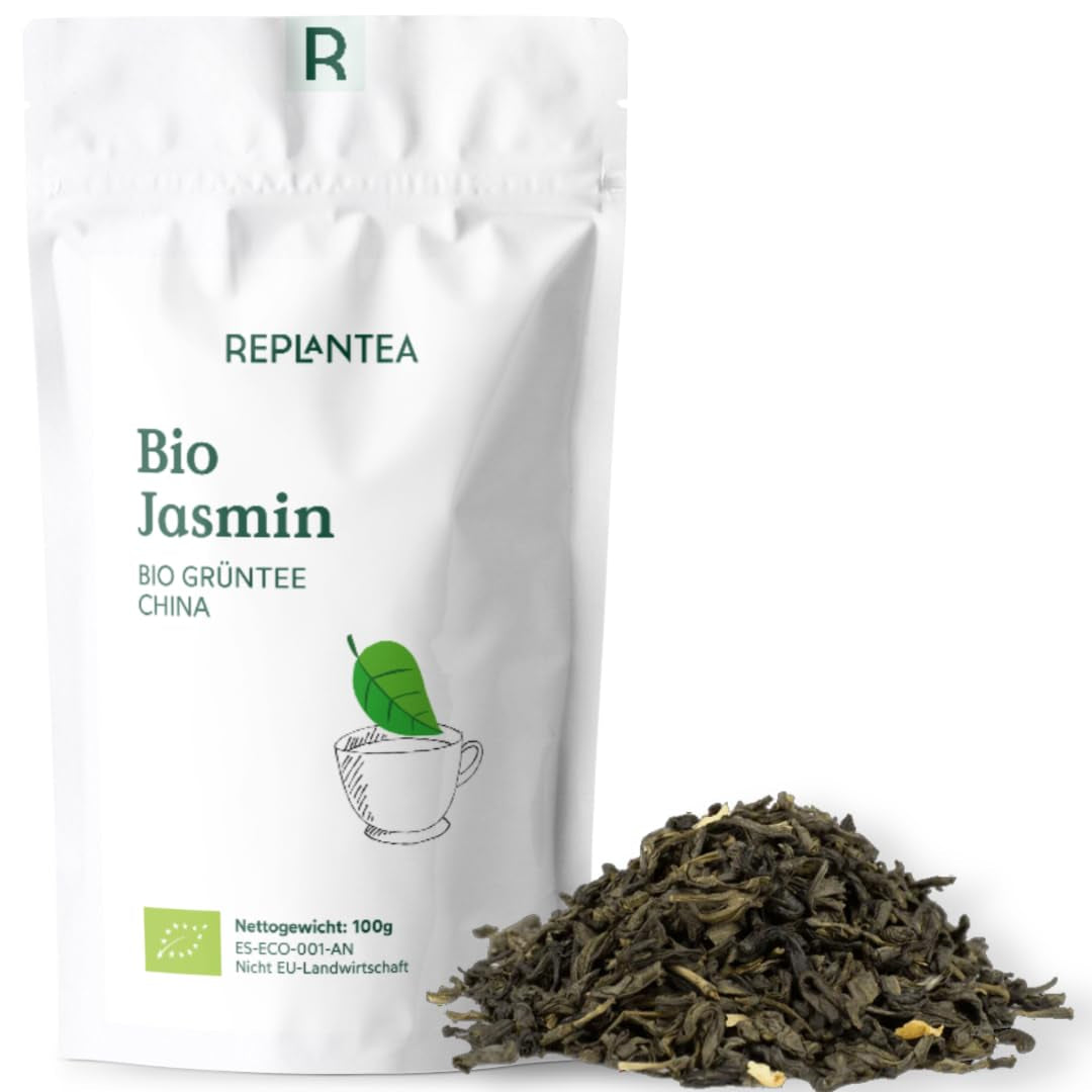 Ekologiskt grönt te med jasmin 100 g (50 koppar) | Jasminte från Kina i bulk, organisk kvalitet REPLANTEA